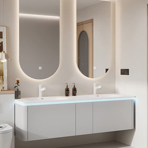 实木双盆可丽耐一体盆浴室柜组合卫生间洗漱台洗脸洗手盆奶油风