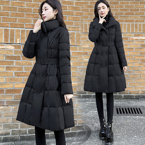 2021新款女装冬季修身收腰中长款羽绒服女黑色显瘦双排扣立领外套