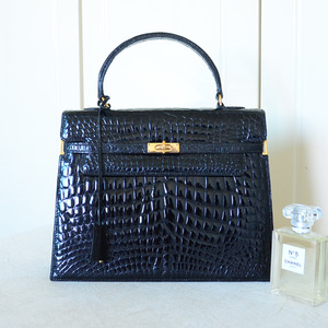 yanni◆morabito黑色亮面鳄鱼皮包腹皮网红款 凯莉包女