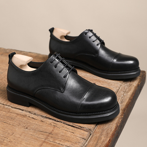 复古英伦真皮三接头男士商务休闲皮鞋大头厚底潮流软皮通勤德比鞋