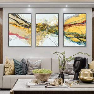 手绘油画三联抽象组合客厅现代简约北欧金箔装饰画大尺寸手工定制