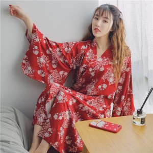睡裙女春季中国风性感长袖甜美可爱汉服红色睡衣古风睡袍日系和服