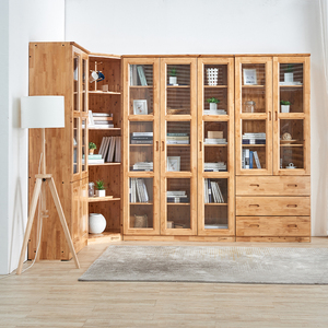 实木书柜书架自由组合书橱带玻璃门柏木转角储物柜中式家具简约