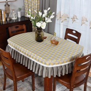 简约时尚潮流桌布弧形餐桌套冷餐桌布黄色几何台布家用椭圆形定制