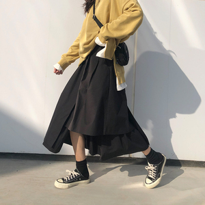 中长款不规则黑色半身裙女秋冬新款港味大码ins超火a字鱼尾裙子