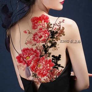 king纹身贴 防水女持久 影楼超大图古装写真 水墨牡丹花国画 后背