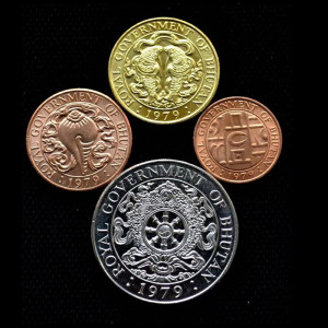 不丹硬币4枚一套佛教八宝吉祥双鱼莲花幸运硬币1979年全新硬币