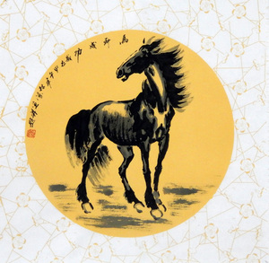 特价纯手绘圆形斗方一匹马马到成功字画办公室书房装饰挂画x26923