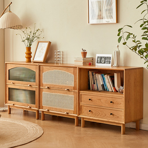 西枝全实木矮书柜樱桃木日式客厅储物收纳柜玻璃门积木组合格子柜