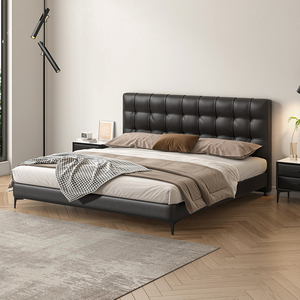 黑色华夫格纳帕真皮床意式极简现代主卧1.8米2.2米双人床软靠婚床