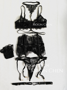Moon Chen 【魅惑】超重工绑带法式内衣五件套 鱼骨显瘦蕾丝性感