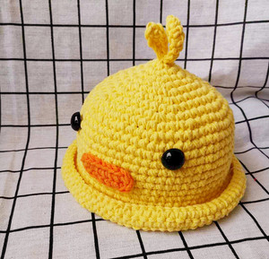 黄小鸭子卡通婴儿儿童遮阳帽子盆帽纯手工编织毛线帽子3-6-12个月