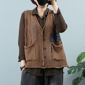 文艺复古贴布针织马甲女开衫宽松显瘦无袖毛线坎肩马夹背心女外搭