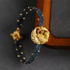 非遗錾刻黄金合欢花绳结复古中式怀旧手工编绳设计手链古典diy