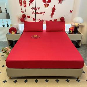 结婚庆大红色床罩单件床笠席梦思保护套防滑床垫套子1.5m1.8m春秋
