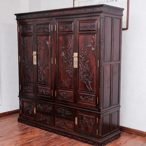 红木挂衣柜印尼黑酸枝木阔叶黄檀花鸟四门大衣柜古典家具手工雕花
