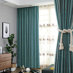 棉麻纯色现代简欧落地窗主卧素色蓝色窗帘欧式卧室孔雀蓝客厅成品