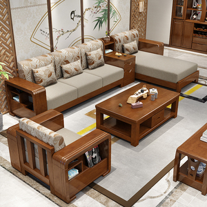 全实木沙发组合现代中式经济小户型木质橡木转角贵妃农村客厅沙发