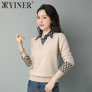 音儿女装清仓折扣假两件衬衫领毛衣2022春秋新款羊毛衫针织打底衫