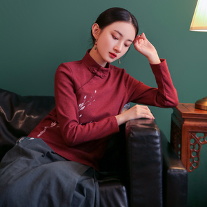 新中式盘扣古风上衣唐装中国风女装春夏秋修身长袖打底衫酒红色新