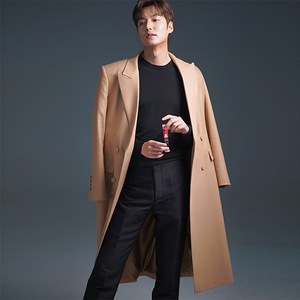 男羊毛大衣2021年冬季新款李敏镐同款长款宽松双排扣卡其色外套