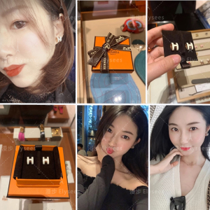 21新款代购hermes爱马仕耳钉女耳环经典h字母珐琅pop玫瑰金椭圆