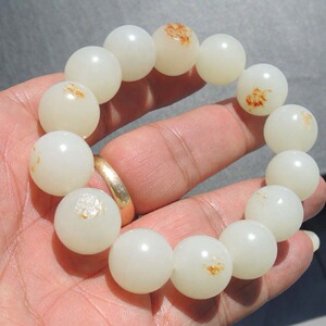 珍藏级新疆古河道一眼真包浆红皮羊脂玉籽料圆珠豪华丹顶红手链r