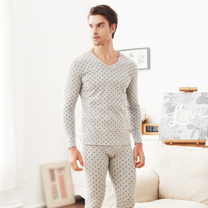 意芬保暖内衣男士薄款纯棉打底秋衣秋裤套装圆领条纹线衣线裤套装