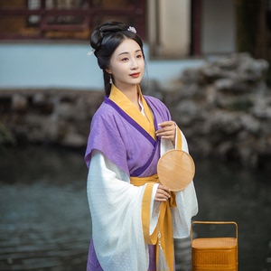 汉未央原创 紫语 中国风古西汉半臂短后女士直裾汉服深衣