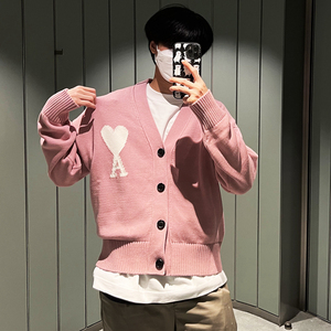 ami 白心logo粉色v领针织开衫男22春夏小囧妹香港代购直邮