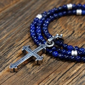波兰代购necklace㊣ 手作青金石串珠925氧化纯银男士十字架项链