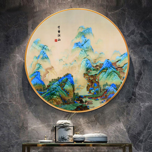 苏绣成品挂画60-70公分圆形玄关山水手工刺绣装饰画新中式客厅