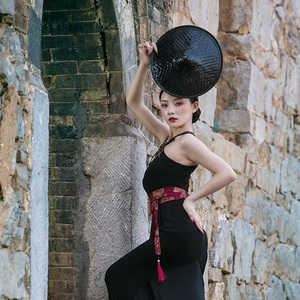 新款黑色花腰竹编斗笠成人少数民族儿童舞蹈表演傣族舞蹈服装帽子