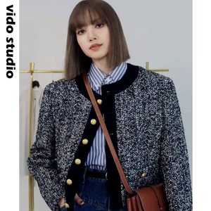 lisa同款法式复古小香风羊毛粗花呢短款外套女早春气质圆领上衣厚