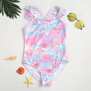 女中大童三角连体泳衣大女孩椰子树泳装9-15岁学生游泳衣海边玩水