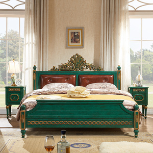 欧式床双人床实木主卧1.8米婚床孔雀绿美式复古轻奢皮床现代简约