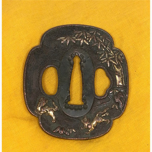 江户时代装具目贯极细金工手作紫铜鎏金竹石走兽纹老刀谭