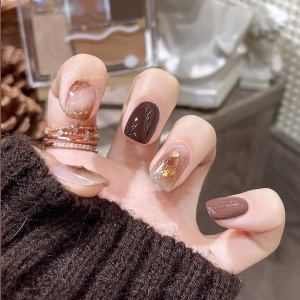 2021秋冬新款手工定制美甲贴片假指甲成品短款咖色晕染金箔穿戴甲