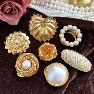 欧洲中古复古玫瑰花金叶子配饰vintage德国意大利古董珍珠丝巾扣