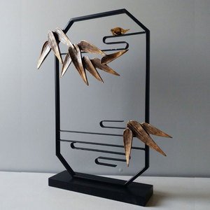 新中式古典江南韵味软装饰品小轩窗竹子叶造型创意铁艺工艺品摆件