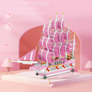 微钻石小颗粒益智拼插积木粉色海贼浪漫航海帆船立体模型摆件玩具