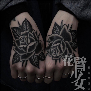 花臂少女tattoo x312 暗黑黑白一对玫瑰花朵手背纹身贴 男生可贴
