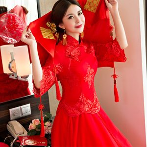 格格妆敬酒服新娘秀禾服冬季长袖新款中式结婚旗袍嫁衣婚礼出门纱