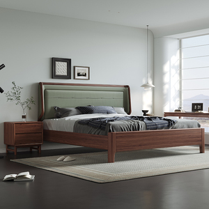 黑胡桃木新中式实木床1.8米软靠真皮双人床1.5米皮靠卧室家具婚床