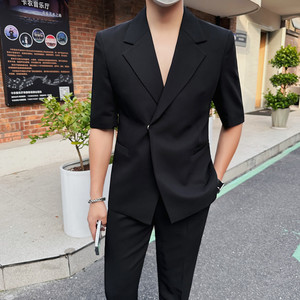 高级感七分袖西装男韩版潮流时尚休闲轻熟风夏季短袖西服套装薄款