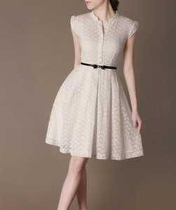 夏季新款高端气质女装修身显瘦A字裙白色小个子短袖蕾丝连衣裙子