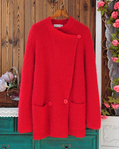 日系复古文艺范高比例长马海毛红色宽松中长款厚款开衫毛衣大外套