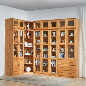 香柏木实木书柜书架储物柜转角组合带玻璃门拐角书橱定制现代中式