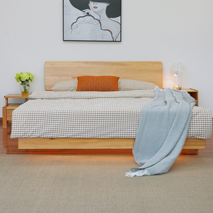 日式北欧全实木床大板床主卧纯柏木悬浮低箱储物床现代简约双人床