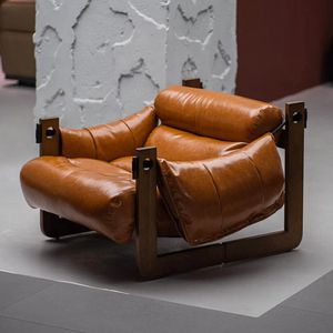 北欧复古单人实木泽西岛休闲沙发椅客厅设计师款真皮趟椅简约现代
